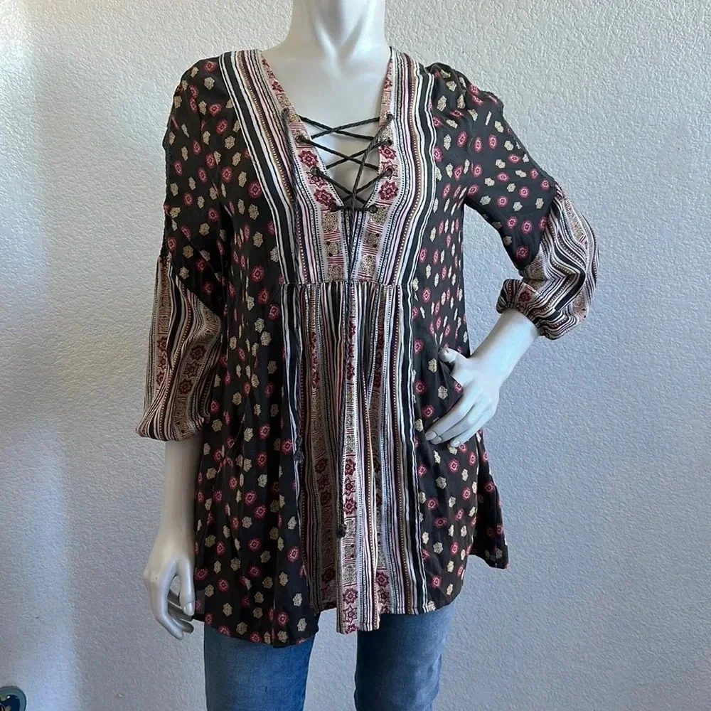 Free People Rain or Shine Pebble Bohemian Lace-Up Tunic Mini Dress Women Sz XS